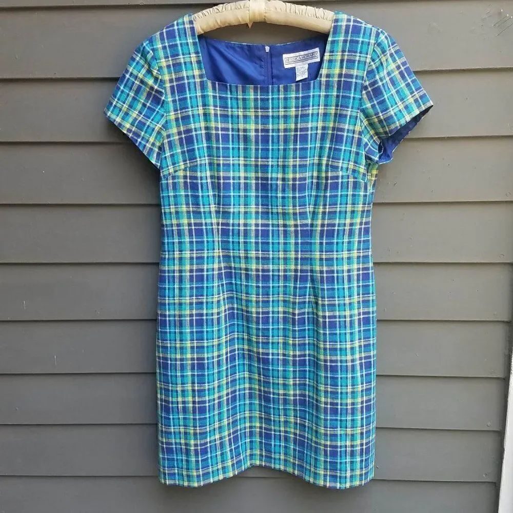Jessica Howard Retro Blue Plaid Linen Cotton Blend Dress lined size 14